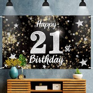 Nelbiirth Happy 21st Birthday Black & Silver Star Large Banner - Cheers to 21 Years Old Birthday Home Wall Photoprop Backdrop, 21st Birthday Party Decoration.