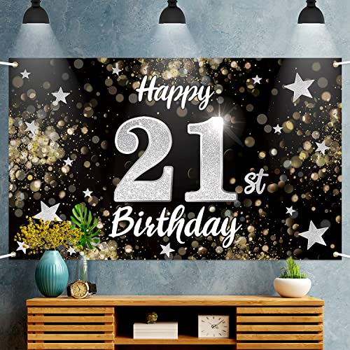 Nelbiirth Happy 21st Birthday Black & Silver Star Large Banner - Cheers to 21 Years Old Birthday Home Wall Photoprop Backdrop, 21st Birthday Party Decoration.