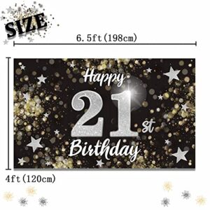 Nelbiirth Happy 21st Birthday Black & Silver Star Large Banner - Cheers to 21 Years Old Birthday Home Wall Photoprop Backdrop, 21st Birthday Party Decoration.