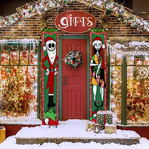 Jack Skellington Christmas Porch Nightmare Before Christmas Banner for New Year Christmas Decorations Welcome Door Sign for Home Outdoor Indoor Holiday Party Decor