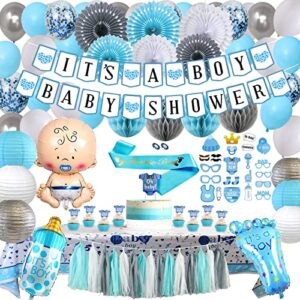 baby shower decorations for boy kit – boy baby shower banner,foil balloons,cake toppers, sash, balloons, paper lanterns, honeycombs, tissue paper fans, tassels,blue grey white