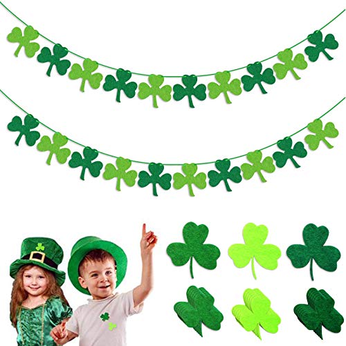 ONTODEX St. Patrick 's Day Garland Decorations, 2 Pre-Strung Felt Shamrock Clover Garland Banners & 18 St. Patrick 's Day Shamrock Assorted Cutouts, Perfect Irish Party Supplies