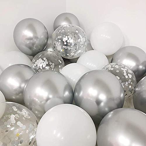 Metallic Silver Pearl White Silver Confetti Balloons Set(60Pack), 12Inch Latex Glitter Balloons Birthday Baby Bridal Shower Wedding Party Decorations