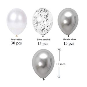 Metallic Silver Pearl White Silver Confetti Balloons Set(60Pack), 12Inch Latex Glitter Balloons Birthday Baby Bridal Shower Wedding Party Decorations