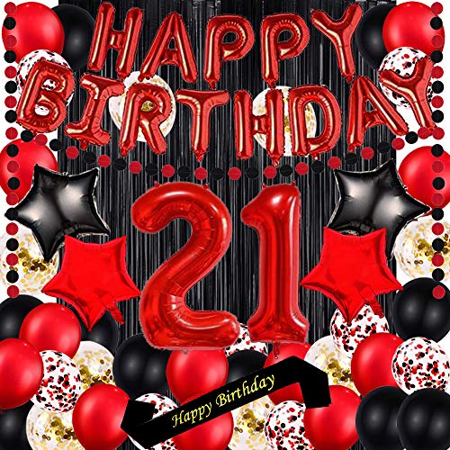 Red 21ST Birthday Party Decorations Supplies Red theme 16inch Red Foil Happy Birthday Balloons Banner Happy Birthday sash Foil Black Curtains Foil Balloons Number Red 21 Risehy