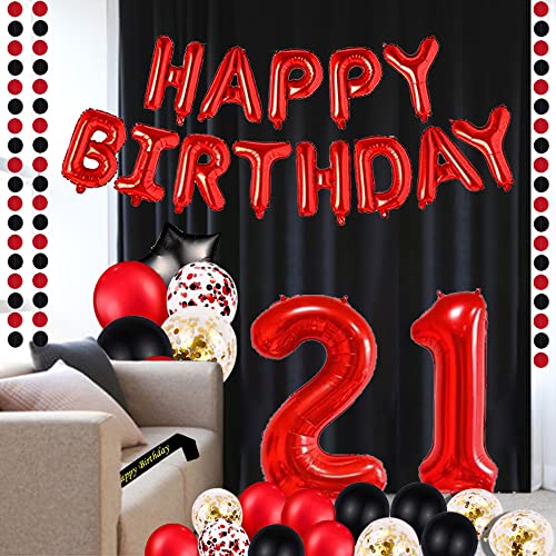 Red 21ST Birthday Party Decorations Supplies Red theme 16inch Red Foil Happy Birthday Balloons Banner Happy Birthday sash Foil Black Curtains Foil Balloons Number Red 21 Risehy