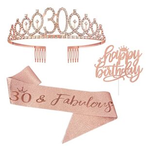 janinus 30th birthday tiara and sash for women rose gold 30th birthday decorations for her – rose gold 30th birthday sash, crown/tiara and birthday cake toppers 30th birthday gifts for her