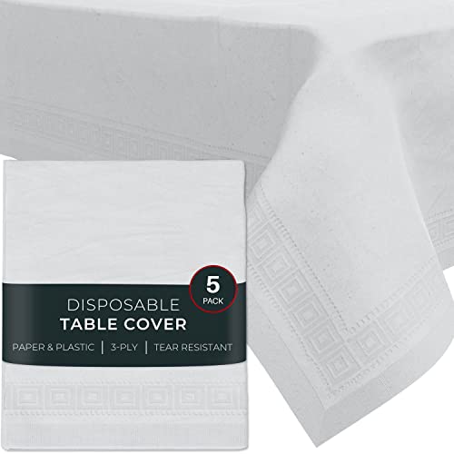 HOUZZKINGZ USA Paper Tablecloths for Rectangle Tables | 54” X 108” – 5 Pack | White Paper Disposable Tablecloth | 3-Ply Premium Paper & Plastic Table Cloths for Parties Disposable