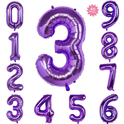 40 Inch Purple Jumbo Digital Number Balloons 3 Huge Giant Balloons Foil Mylar Number Balloons for Birthday Party,Wedding, Bridal Shower Engagement