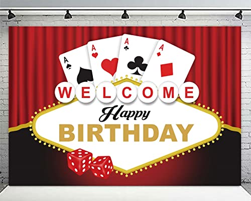 Poker Dice Welcome Happy Birthday Banner Backdrop Background Gamble Casino Theme Decor for Las Vegas Good Luck Party De Casino Night Carnival Adults Birthday Party Favors Supplies Decorations