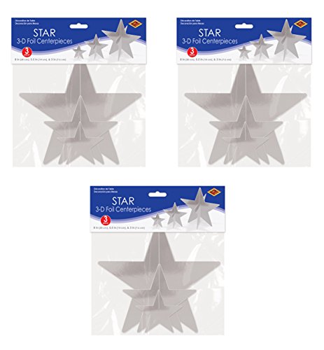 Beistle , 9 Piece 3-D Foil Star Centerpieces, 3" - 8" (Silver)