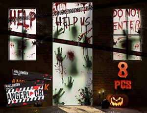 kd kidpar 8pcs halloween window door decoration covers set, includes 4pcs 60×30” window clings&2pcs 80×36” door posters with scary bloody handprints&2 fright tape, indoor and outdoor décor for party
