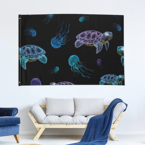 Cute Neon Turtles and Jelly Fish Flags Decorative Funny Banners for Outside House Dorm Room Parties