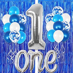 xtralarge, blue foil fringe curtain – 8×3.2 feet, pack of 2 | huge silver 1 balloon for first birthday – pack of 22 | blue fringe curtain, first birthday balloons for 1st birthday decorations for boys