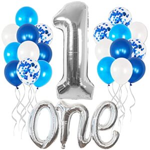 XtraLarge, Blue Foil Fringe Curtain - 8x3.2 Feet, Pack of 2 | Huge Silver 1 Balloon for First Birthday - Pack of 22 | Blue Fringe Curtain, First Birthday Balloons for 1st Birthday Decorations for Boys