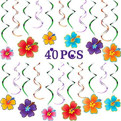 WILLBOND 40 Pieces Hawaiian Tropical Luau Party Hanging Swirls Hanging Hibiscus Swirls Flower Foil Swirl Decorations Ceiling Decorations for Summer Tropical Hawaiian Theme Party Decoration Supplies