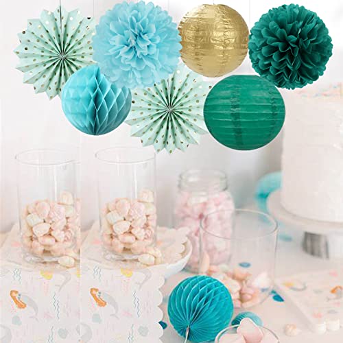 Sage-Green Teal-Blue Party-Decorations Streamers Lanterns - 14pcs Rustic Wedding Baby Shower Paper Lanterns Fan,Tissue Pom Poms Streamers,Honeycomb Balls,Birthday Bachelorette Engagement Bridal Decor Ouruola