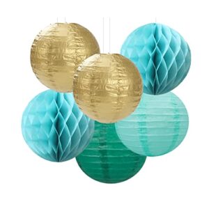 Sage-Green Teal-Blue Party-Decorations Streamers Lanterns - 14pcs Rustic Wedding Baby Shower Paper Lanterns Fan,Tissue Pom Poms Streamers,Honeycomb Balls,Birthday Bachelorette Engagement Bridal Decor Ouruola