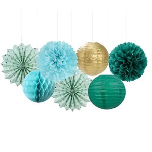 Sage-Green Teal-Blue Party-Decorations Streamers Lanterns - 14pcs Rustic Wedding Baby Shower Paper Lanterns Fan,Tissue Pom Poms Streamers,Honeycomb Balls,Birthday Bachelorette Engagement Bridal Decor Ouruola