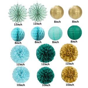 Sage-Green Teal-Blue Party-Decorations Streamers Lanterns - 14pcs Rustic Wedding Baby Shower Paper Lanterns Fan,Tissue Pom Poms Streamers,Honeycomb Balls,Birthday Bachelorette Engagement Bridal Decor Ouruola