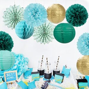 Sage-Green Teal-Blue Party-Decorations Streamers Lanterns - 14pcs Rustic Wedding Baby Shower Paper Lanterns Fan,Tissue Pom Poms Streamers,Honeycomb Balls,Birthday Bachelorette Engagement Bridal Decor Ouruola