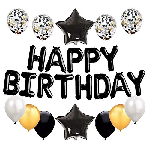 Haimimall Black Happy Birthday Sign Banner Balloons Birthday Party Decorations Black 13pcs Letters Balloons 2pcs Giant Star Foil Balloons 4pcs Confetti Balloons 10pcs Latex Balloons