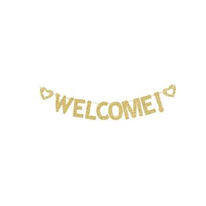 welcome banner, home party/birthday/wedding/bach/engagement/fiesta/retirement party reception table decorations gold gliter paper signs