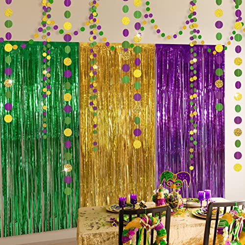 Green Gold Purple Mardi Gras Backdrop Fat Tuesday Tinsel Foil Fringe Curtain Circle Dot Garland Mardi Gras Party Decorations Birthday Bacherlorette Bridal Baby Shower Party Supplies