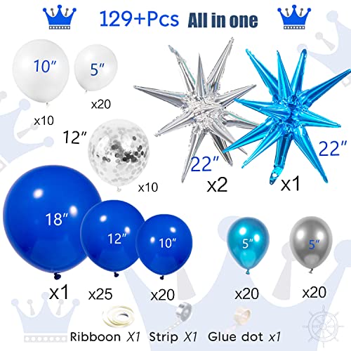 Royal blue White Silver balloon Garland Arch Kit Metallic Blue Balloons with Starburst foil balloons for Men birthday decorations Graduation Ceremony supplies