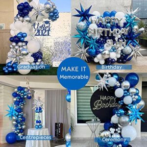 Royal blue White Silver balloon Garland Arch Kit Metallic Blue Balloons with Starburst foil balloons for Men birthday decorations Graduation Ceremony supplies