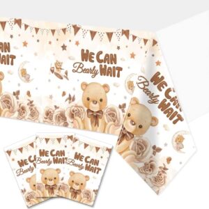 grehumor bear baby shower decoration- 3pcs plastic we can bearly wait tablecloth neutral bear theme party table cover for baby birthday party , boy or girl baby shower,gender reveal party supplies