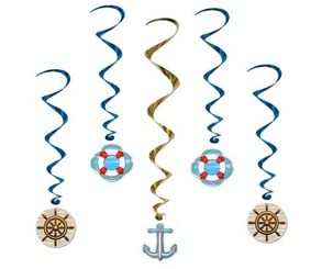 beistle 5 piece cruise ship whirls nautical hanging swirls ceiling decorations – bon voyage ocean theme party supplies, 40″, multicolored