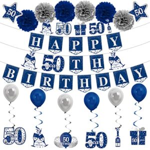 kauayurk blue silver 50th birthday banner decorations kit for men, 26pcs fifty birthday banner balloon hanging swirl poms party supplies, 50 years old birthday sign decor