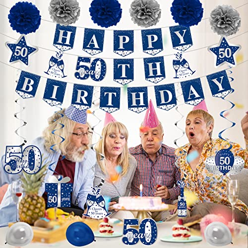 Kauayurk Blue Silver 50th Birthday Banner Decorations Kit for Men, 26pcs Fifty Birthday Banner Balloon Hanging Swirl Poms Party Supplies, 50 Years Old Birthday Sign Decor