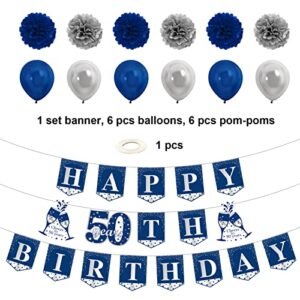 Kauayurk Blue Silver 50th Birthday Banner Decorations Kit for Men, 26pcs Fifty Birthday Banner Balloon Hanging Swirl Poms Party Supplies, 50 Years Old Birthday Sign Decor