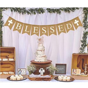 Blessed Burlap Banner Easter Communion Baptism Decorations for Boys Girls First Communion Confirmation Banner Garland Decor for Baby Shower Birthday Fireplace