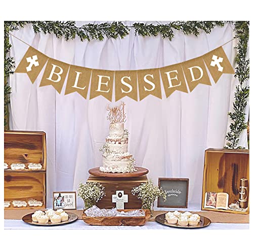 Blessed Burlap Banner Easter Communion Baptism Decorations for Boys Girls First Communion Confirmation Banner Garland Decor for Baby Shower Birthday Fireplace