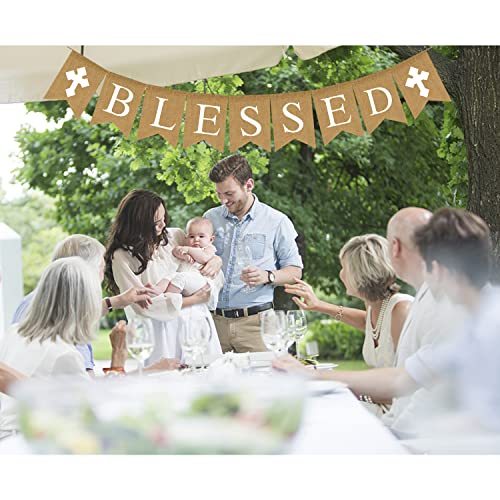 Blessed Burlap Banner Easter Communion Baptism Decorations for Boys Girls First Communion Confirmation Banner Garland Decor for Baby Shower Birthday Fireplace