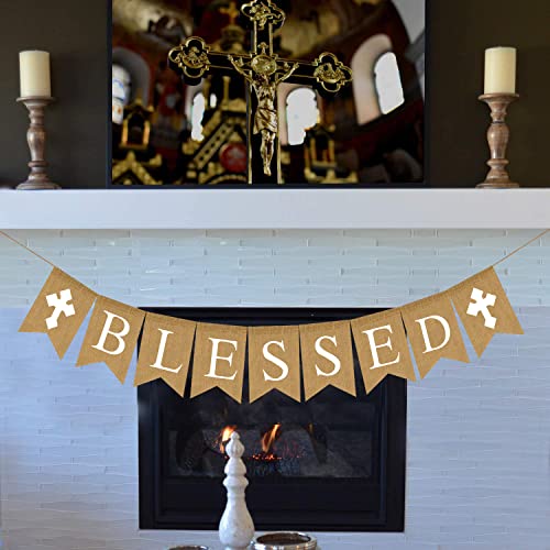 Blessed Burlap Banner Easter Communion Baptism Decorations for Boys Girls First Communion Confirmation Banner Garland Decor for Baby Shower Birthday Fireplace