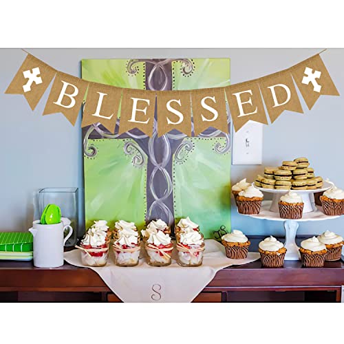 Blessed Burlap Banner Easter Communion Baptism Decorations for Boys Girls First Communion Confirmation Banner Garland Decor for Baby Shower Birthday Fireplace