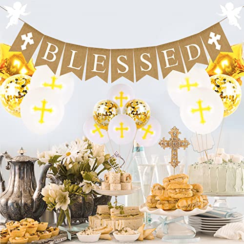 Blessed Burlap Banner Easter Communion Baptism Decorations for Boys Girls First Communion Confirmation Banner Garland Decor for Baby Shower Birthday Fireplace