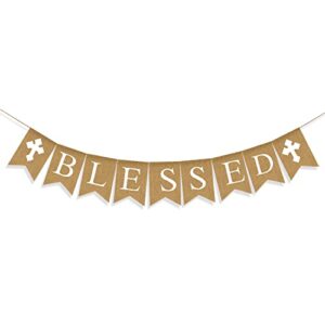 Blessed Burlap Banner Easter Communion Baptism Decorations for Boys Girls First Communion Confirmation Banner Garland Decor for Baby Shower Birthday Fireplace