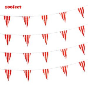 100 Feet Red & White Striped Pennant Banner Flags String 60 PCS Indoor/Outdoor Triangle Bunting Flags,Party Decorations Supplies for Carnival Circus,Kids Birthday,Festival Celebration