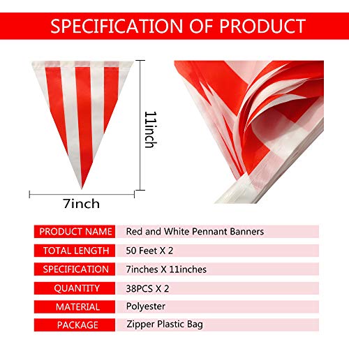 100 Feet Red & White Striped Pennant Banner Flags String 60 PCS Indoor/Outdoor Triangle Bunting Flags,Party Decorations Supplies for Carnival Circus,Kids Birthday,Festival Celebration