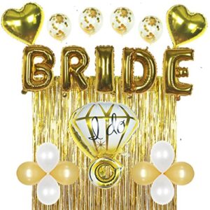 bridal shower bachelorette party decorations kit gold – set includes 1 fringe curtain, 1 set of foil bride balloons, 1 ring balloon, 2 heart balloons, 4 confetti balloons, 4 gold, 4 white balloons