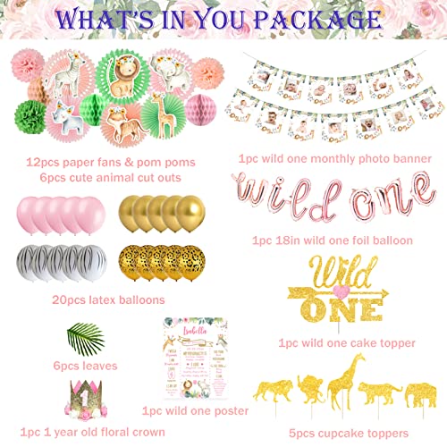 Wild One Birthday Decorations Girl, Homond 1st Birthday Girl Decorations Supplies Kit, Boho Floral 1st Birthday Pink