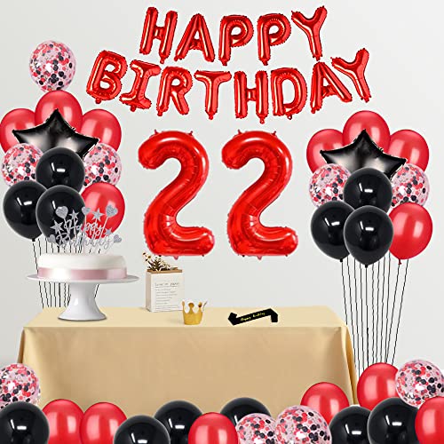 Fancypartyshop 22ND Birthday Party Decorations Supplies Red Black Later Balloons Happy Birthday Cake Topper Sash Foil Black Curtains Foil Star Balloons Number Red 22