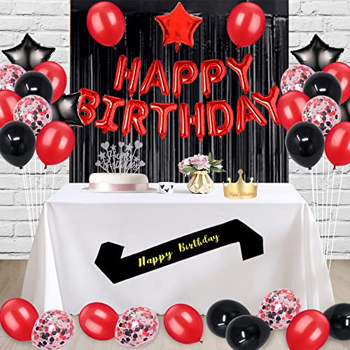 Fancypartyshop 22ND Birthday Party Decorations Supplies Red Black Later Balloons Happy Birthday Cake Topper Sash Foil Black Curtains Foil Star Balloons Number Red 22