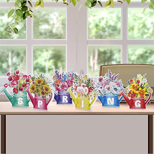 6 Pcs Spring Wooden Block Signs Spring Table Decor Watering Can and Flowers Wood Signs Rustic Farmhouse Spring Decor for Home Spring Table Centerpiece Wall Pediments for Home Farmhouse Tabletop