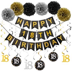 luxiocio happy 18th birthday party decorations supplies kit – 19pcs – 1pcs happy 18th birthday banner, 12pcs sparkling hanging swirl, 6pcs poms – 18 year old birthday decorations for girls & boys